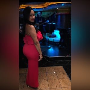 Long red dress with one leg open